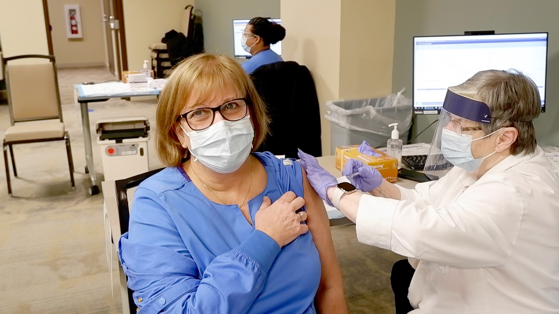 Mary Schneider, an oncology nurse at Northwestern Medicine Huntley Hospital received her first dose of the Moderna vaccine in late December.