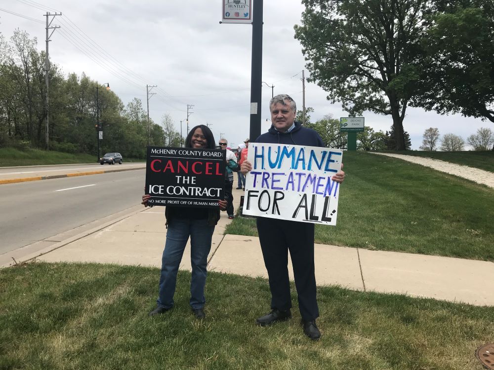 Coalition members Gloria Van Hof and Terry Kappel rallied at Deicke Park on May 15