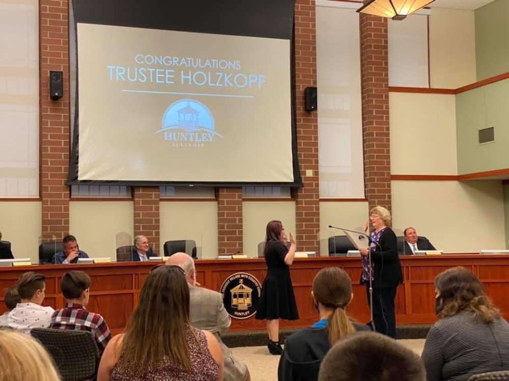 Mary Holzkopf being sworn in as a new Village of Huntley trustee at the May 13 Village Board meeting