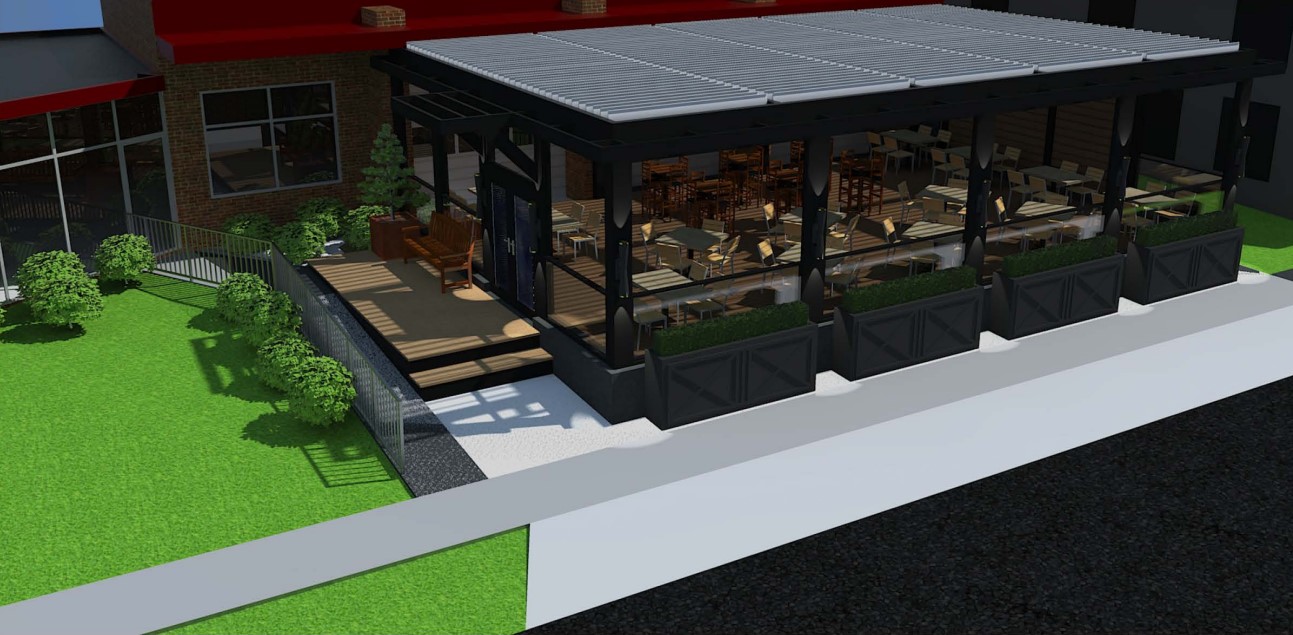 An exterior rendering of what the outdoor patio area of the D.C. Cobb's restaurant will look like as part of Huntley's redevelopment of the former fire station one property