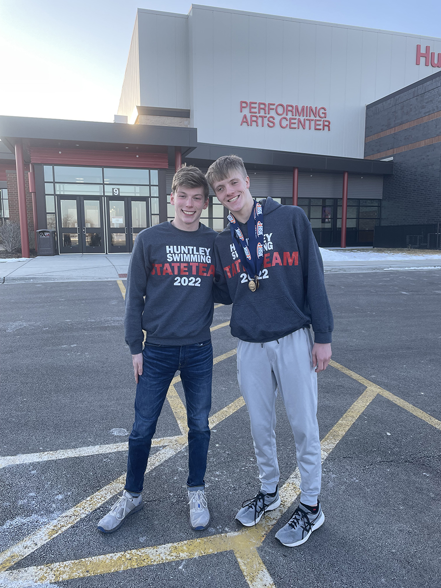 Huntley swimmers Ben Rocks, left and Gavin Heard, qualified for the IHSA Boys State Swim Meet. Rocks, a junior, swam in the 100 and 200 freestyle events. Heard won four championships in the Athletes With Disabilities Division. photo submitted