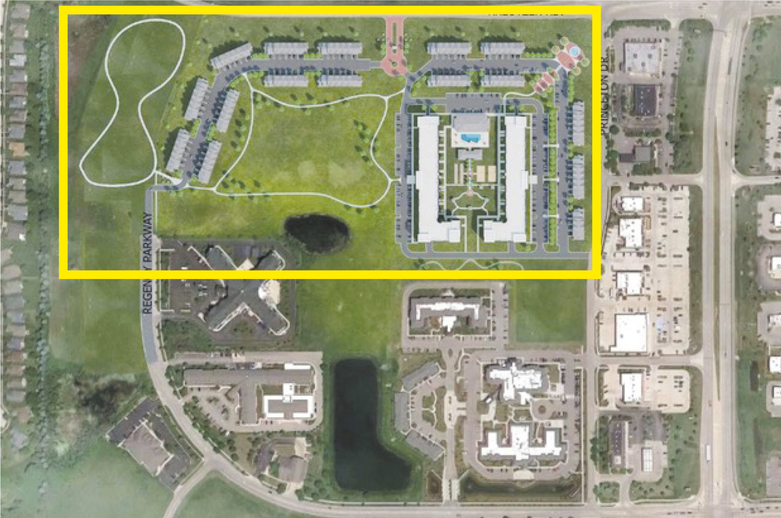 Regency Square is the 45-acre property bordered on the north by Charles Sass Parkway (formerly Kreutzer Road) on the east by Princeton Drive and the Deerpath Supportive Living facility on the south. The western edge of the proposed buildings would be 500 to 665 feet from Del Webb’s Neighborhood 7.