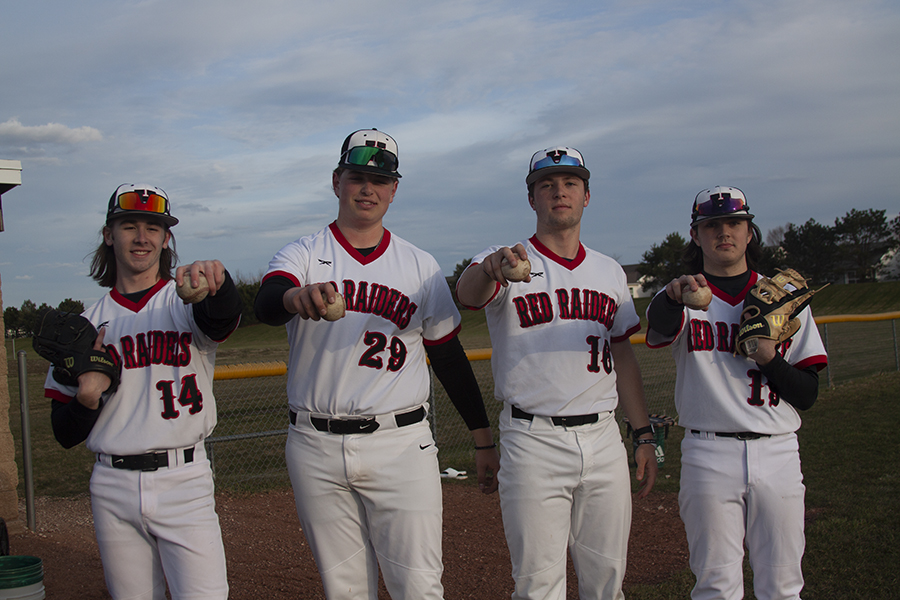 Four Huntley pitchers combined for a no-hitter against Lake Zurich April 16. From left to right: Payton Barr, Parker Schuring, Malahi Paplanus and Derek Huber.