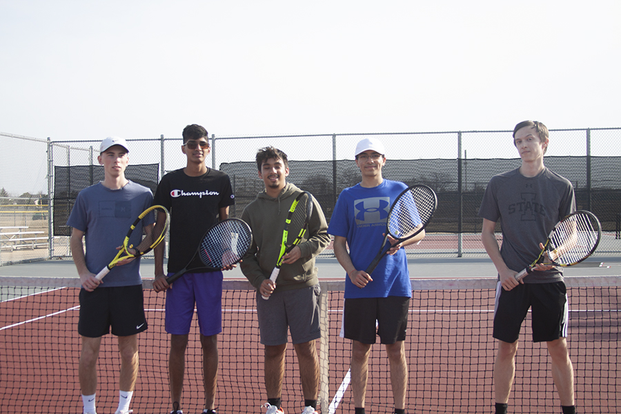 Huntley boys tennis seniors pose at an early-season practice. They are, from left to right: Matthew Grubbs, Varun Parath, Aryaan Khalil, Ani Mehra and Jake Galloway.