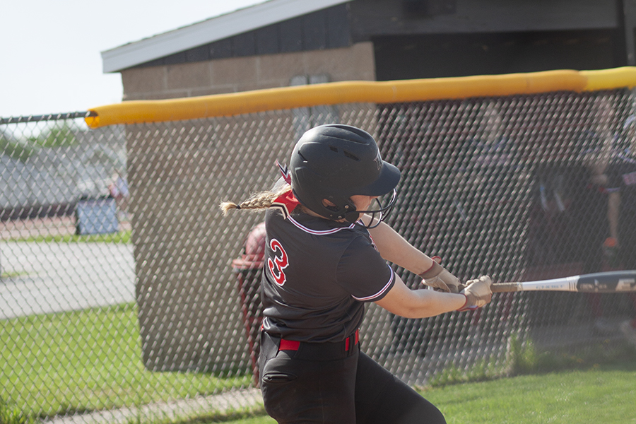 Red Raiders senior Madison Smith takes a swing against Jacobs. Smith leads Huntley with five home runs.