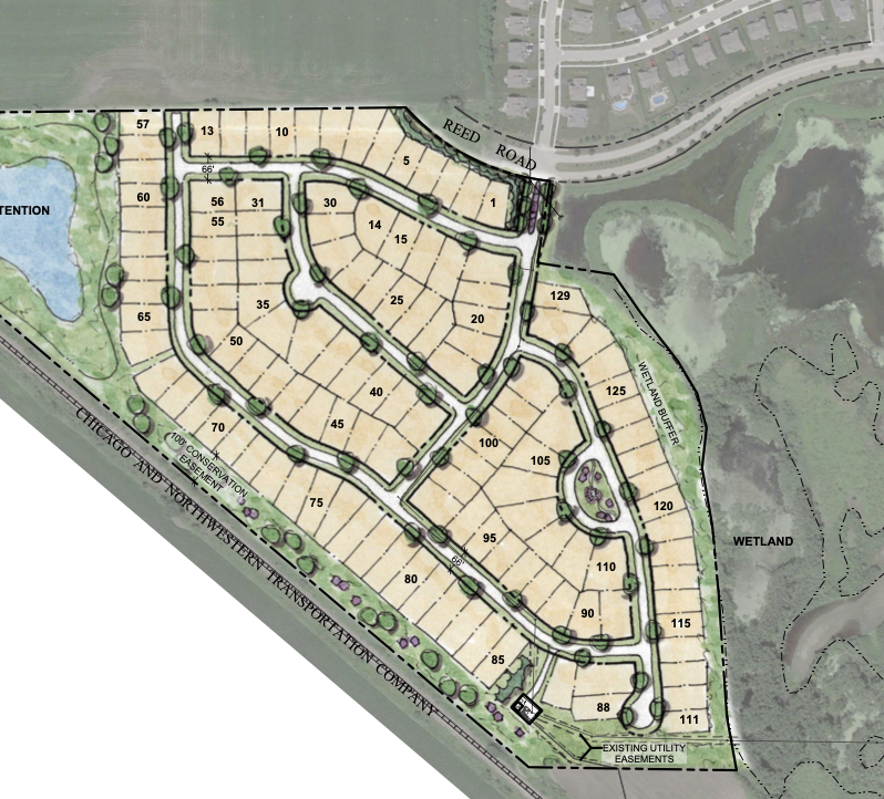 Conceptual plans show 63 acres located at the west end of Reed Road for the location of 129 new single-family homes in Talamore.