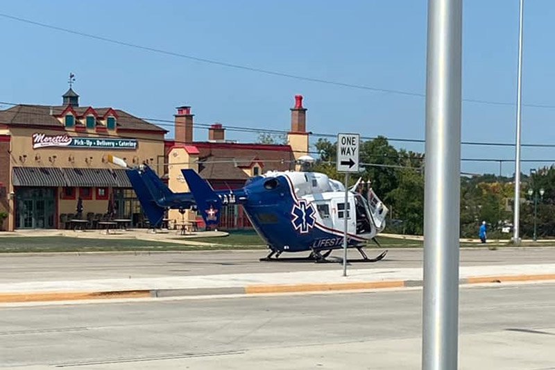 A LifeStar helicopter on scene to transport a male victim who was pinned by a cement slab he was transporting on Sept. 14