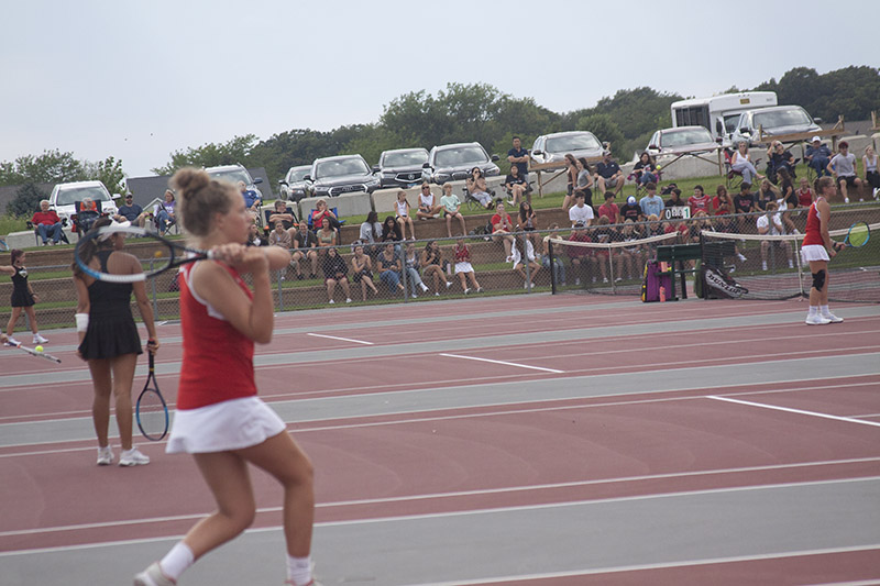 Huntley's Nora Stevenson concentrates during a doubles match. She teams with Carrlie Weishaar at third doubles.