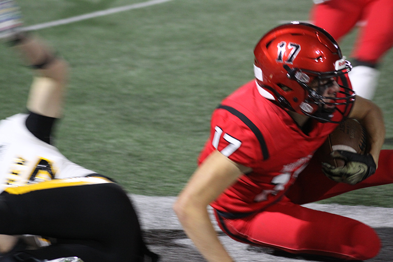 Huntley senior Jacob Zastrow completes a run after a catch of a Sam Deligio pass against Andrew in the Class 8A playoff game Oct. 28. The Huntley season ended with a 28-18 loss and an 8-2 record.