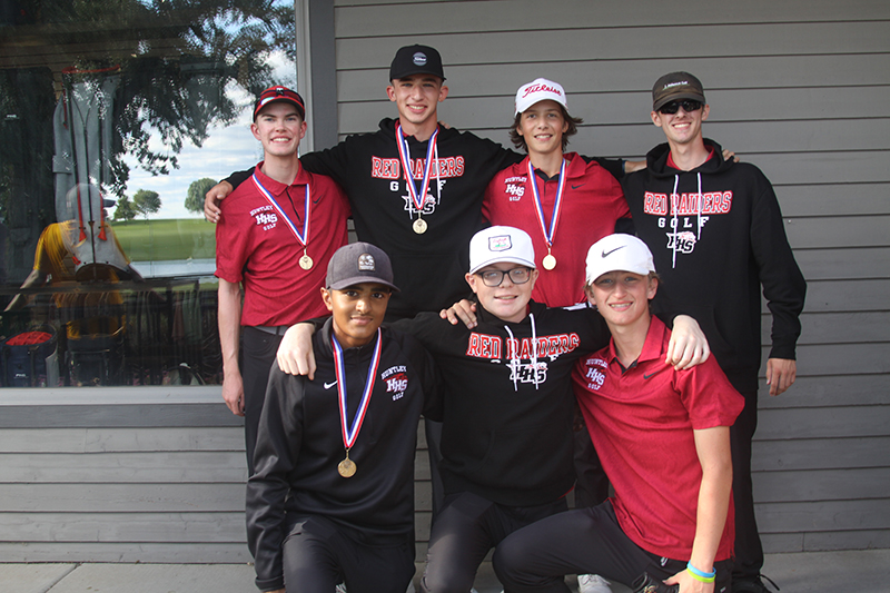 Huntley's boys golf team enjoyed several team highlights, including a victory at the Fox Valley Conference tournament. HHS also qualified with the third qualifying spot to sectional. Front row from left at FVC tournament: Taig Bhathal, Austin Mullen and Sam Locascio. Back row: Nooa Hakala, Brendan Busky, Nathan Elm and Jacob Gordus.