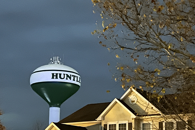 The Huntley water tower located on the corner of Main Street and Charles H. Sass Parkway is waiting for a replacement light.