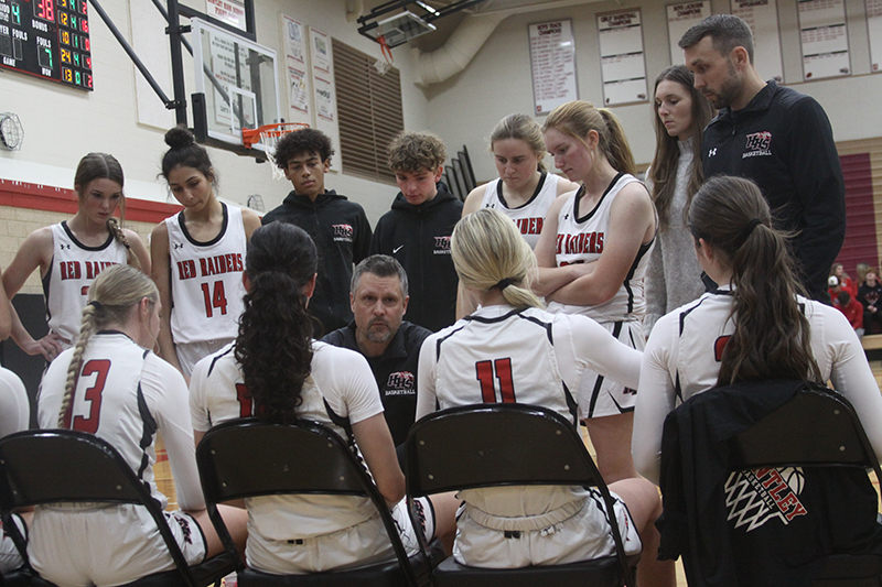 Huntley head girls basketball coach Steve Raethz gives instructions to his team. Raethz achieved his 400th career victory at HHS Dec. 2.