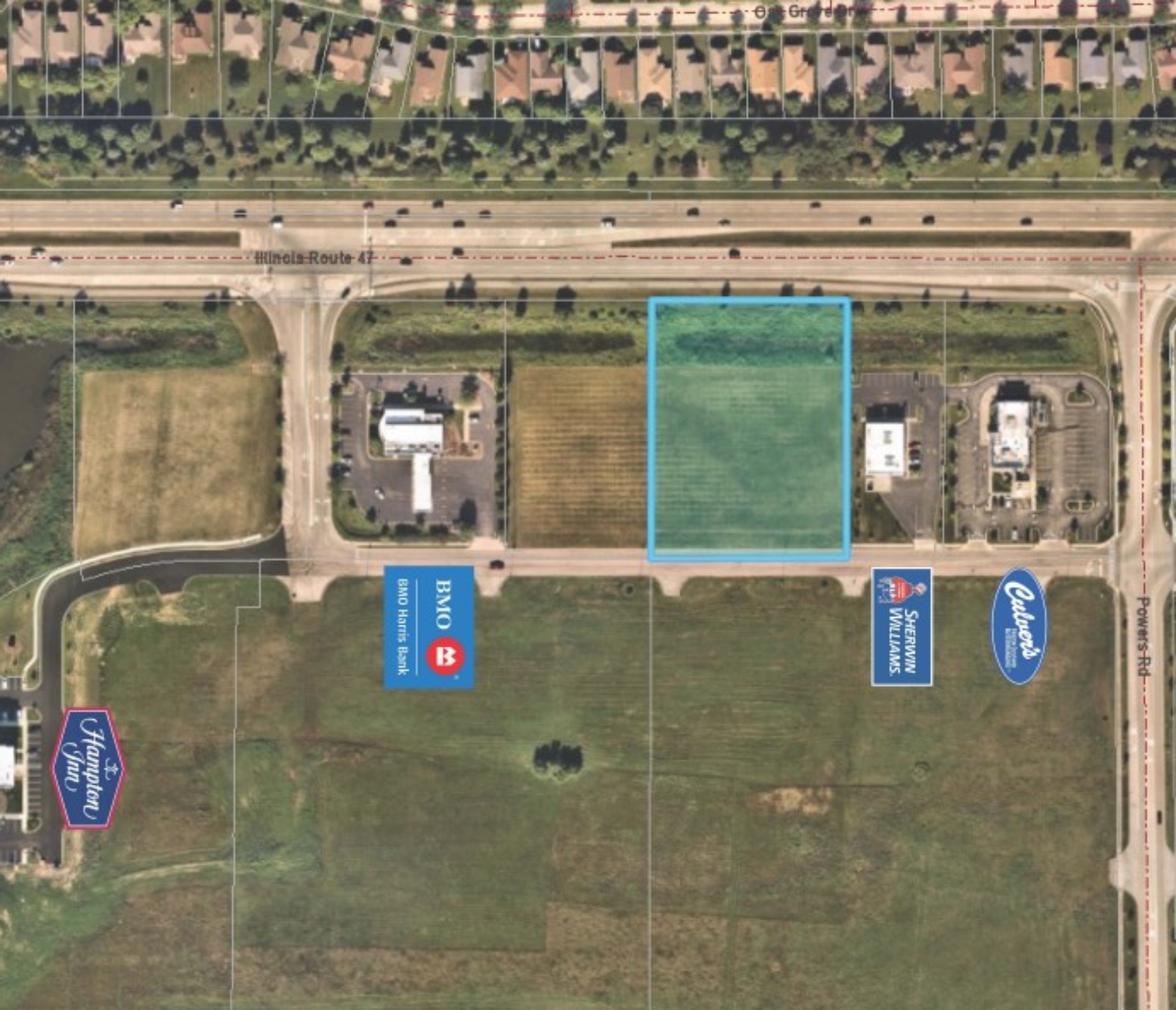 The location of where the new speculative retail buildings proposed by developer Core Huntley, LLC will be located.