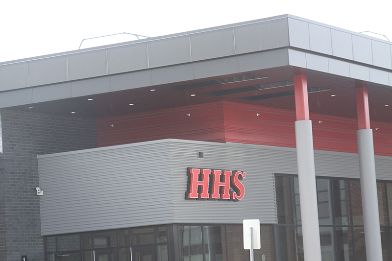 The main entrance to Huntley High School at the Harmony Road campus.