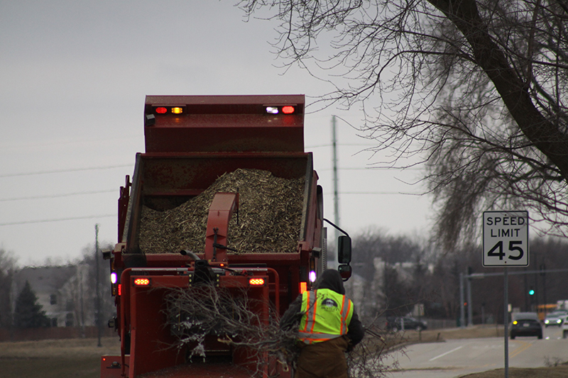 Huntley Public Works crews were out collecting tree debris from thw Feb. 22 ice storm. Efforts here are shown off Reed Road.