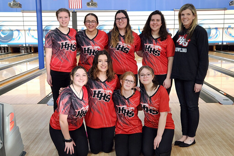 The Huntley girls bowling team advanced to the IHSA Dundee-Crown Sectional with a third place finish at the Marengo Regional Feb. 4. Team members are, front row from left: Kaelyn Keegan, Katie Scaletta, Mackenzie Miller and Erica DeBello. Back row from left: Jessica Roberts, Prianca Waters, Grace Lehmann, Taylor Dulson and coach Asheley Boudreau.