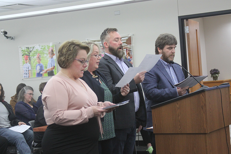 Huntley District 158 Board of Education's newly elected members read their oaths of office at a reorganization meeting May 2. From left: Gina Galligar, Laura Murray, Michael Thompson and Andrew Bittman.