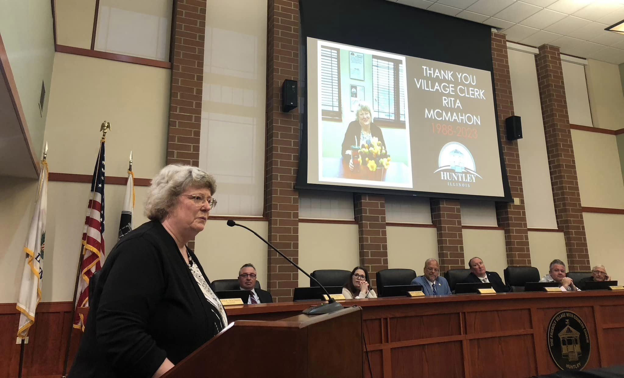 Retiring Village Clerk Rita McMahon gave her farewell speech at the May 11 Village Board meeting after serving the community for 35 years