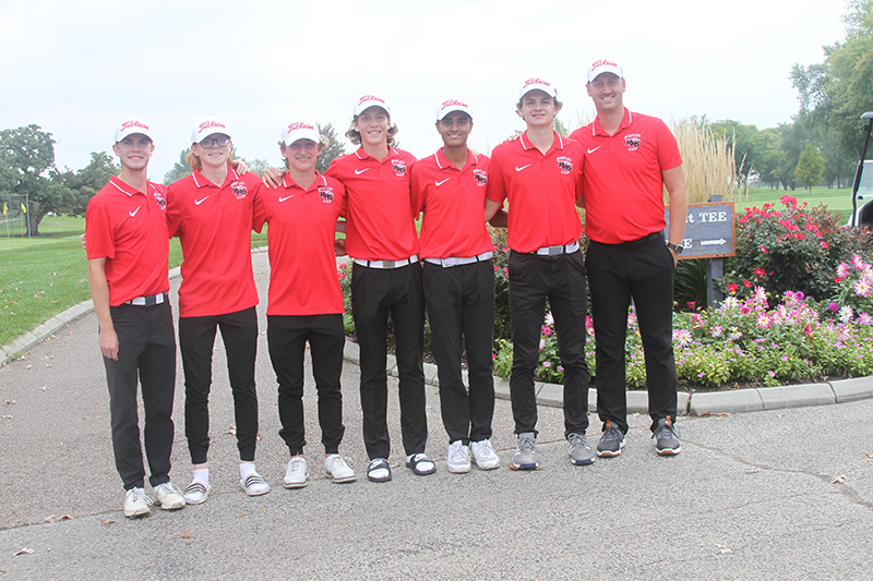 Red Raiders boys golf team advanced to the Class 3A Prospect Sectional with a third place finish at the Hampshire Regional Sept. 27. Team members are, from left to right, Nooa Hakala, Austin Mullen, Sam Locascio, Nathan Elm, Taig Bhathal, Jeremy Chadwick and coach Collin Kalamatas.