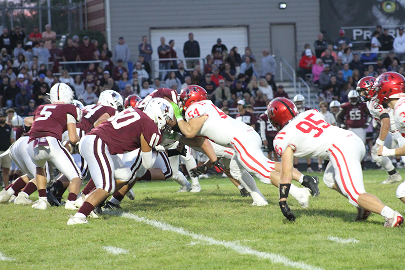 Huntley defensive linemen Adam Tramuta (54) and Carter Pope (95) battle at the line against Prairie Ridge. Huntley will host Hampshire for its homecoming game Sept. 22.