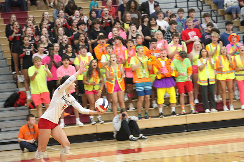 Huntley junior Mari Rodriquez serves. The Red Raiders, 27-6, close out the regular season this week by hosting Dundee-Crown Oct. 17 and Burlington Central Oct. 19.