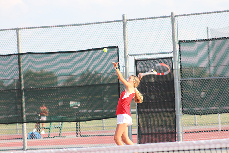 Huntley's Katey Burkey competes in doubles match earlier this season. Burkey and doubles partner Carle Weishaar qualified for the IHSA Class 2A State Tournament.