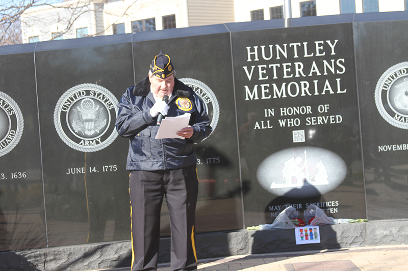 Huntley American Legion Post 673 Commander Pat Conley speaks to the crowd at the Huntley Veterans Day ceremony Nov. 11.