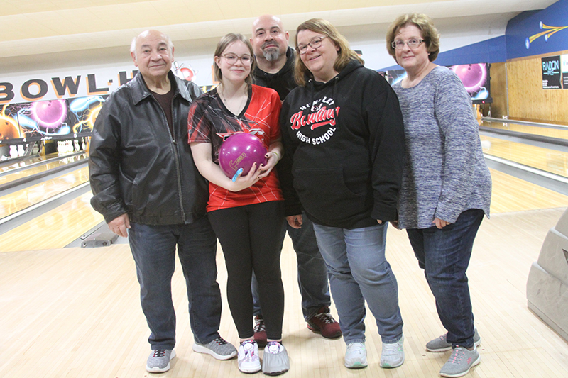 The DeBello family attends the Huntley-Johnsburg girls bowling match Nov. 29 at Bowl-Hi Lanes. From left: John DeBello, Erica DeBello, girls head coach Eric DeBello, his wife Trish DeBello and mom Mary DeBello.