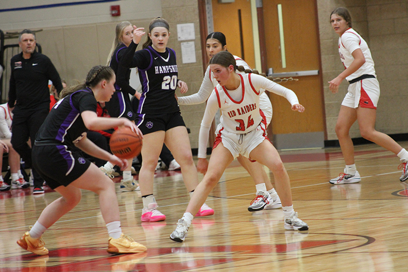 Huntley junior Ava McFadden plays defense against Hampshire. She scored 14 points as the Red Raiders won, 53-23 on Jan. 24.