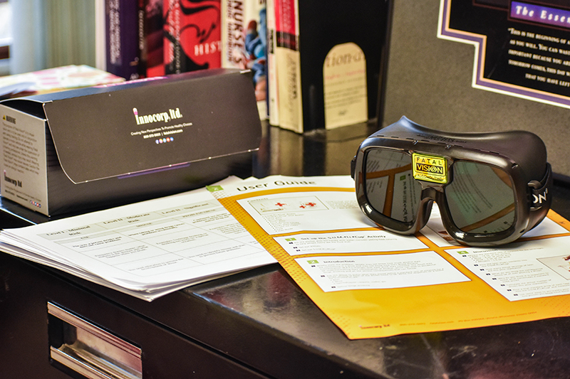 Sitting on the desk of an office inside Safe School, Evergreen Academy located at 3917 Mercy Drive, McHenry are some of the tools included in the kits and can be reusable including Fatal Vision goggles, meant to simulate impaired vision after drinking too much.