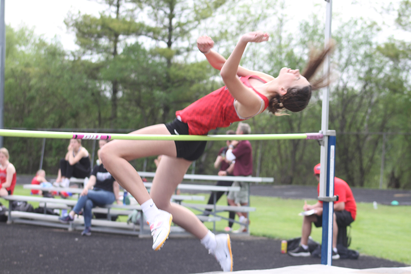 Huntley's Izzy Whitehouse clears the high jump bar at the girls track and field meet May 2 at Jacobs.