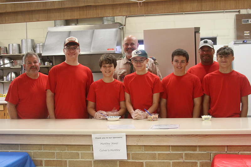 Huntley Boy Scout Troop 167 is celebrating its 90th anniversary this year. The Scouts held an ice cream social at First Congregational Church. First row from left: Scoutmaster Paul Wyse, Senior Patrol Leader Christian Blozinski, Miles Anthony, Ethan Blozinski, Aidan Wyse and Hunter Strauss. Second row: Assistant Scoutmasters Dave Harper and Brett Strauss.