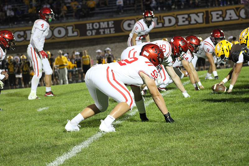 Huntley's defensive line is set for the Jacobs offense in the Sept. 13. From left: Carter Pope, Ben Cohen, Eliezer Aldape III and back, Dylan Pease.