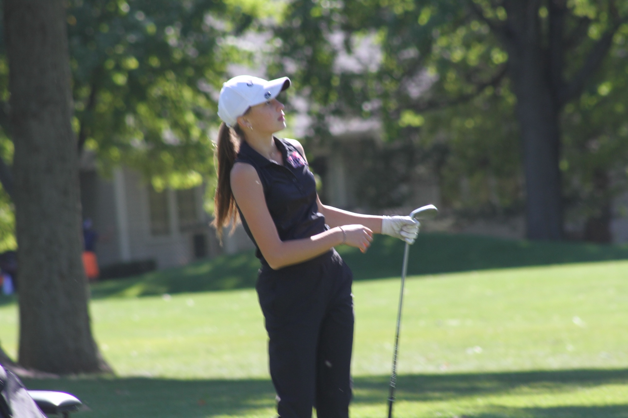 Huntley sophomore Kinsey Hayes looks to see the result of a tee shot during the IHSA Class 2A Girls Golf Regional Oct. 1 at Pinecrest Golf Club.