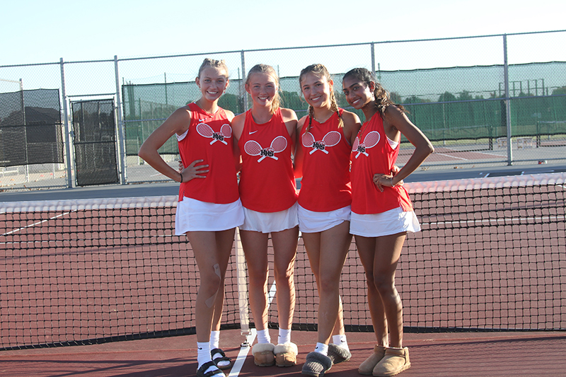 Two Huntley doubles teams advanced to the IHSA Class 2A State Girls Tennis Meet. Red Raiders who qualified are, from left, Kate Burkey, Ella Doughty, Julie Klockner and Ari Patel.