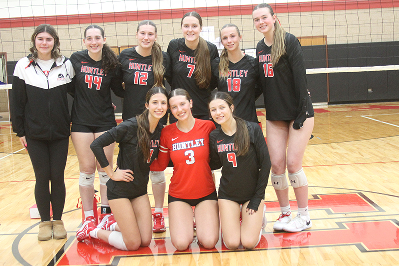 Huntley celebrated its senior volleyball players when the Red Raiders fsced Burlington Central. Seniors are front row from left: Diellza Sejdini, Alex Goritz and Mari Rodriquez. Back row: Ava Czysz, Ashley Santana, Ivie Aschenbrenner, Jocelyn Erling, Sienna Robertson and Georgia Watson.