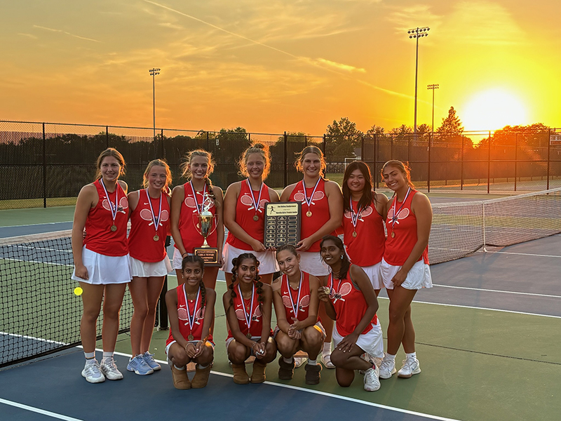 Huntley's girls tennis team celebrated after winning the Fox Valley Conference Invitational. Back row from left: Shea Nagle, Ella Doughty, Kate Burkey, Carlie Weishaar, Sara Willis, Trinity Nguyen and Giuli Farraj. Front row: Gia Patel, Ari Patel, Julie Klockner and Vinuthna Depala.