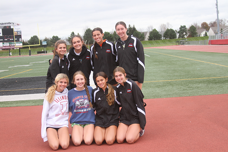 Huntley's girls cross country team qualified for the IHSA Class 3A State Meet. Team members are, front row from left: Cori Kilvinger, Isabella Ciesla, Haley Rahman and Aspen Maldonado. Back row from left: McKenna Corso, Abbie Williams, Mackenzie Billard and Morgan Sauber.