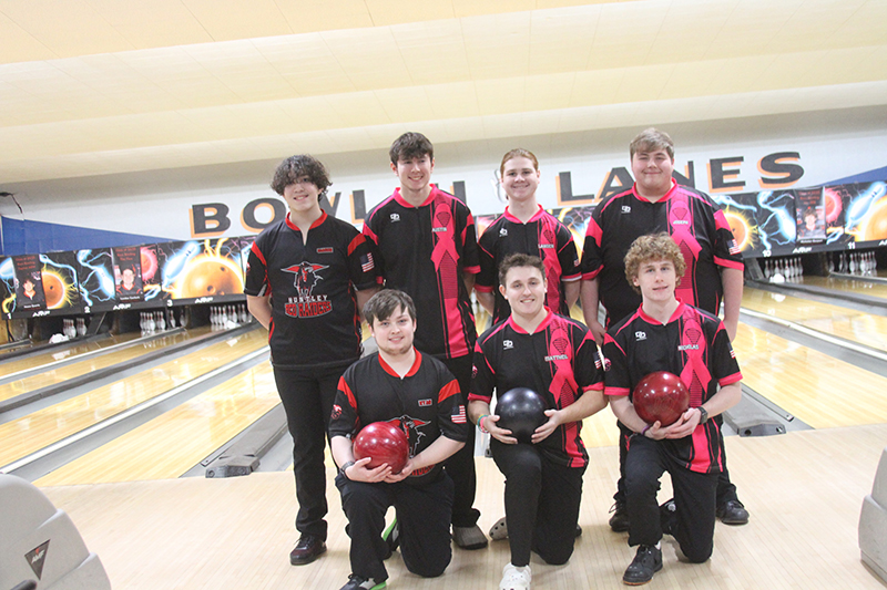 Huntley's boys bowling team is led by seven seniors. The team held senior night Jan. 7 before a match with Harvard. Front row from left: Ryan Morahan, Matthew Fishman, Nicholas Gaspari. Second row: Mason Quarrie, Austin Tenglin, Landen Conforti, Joe Humphrey.