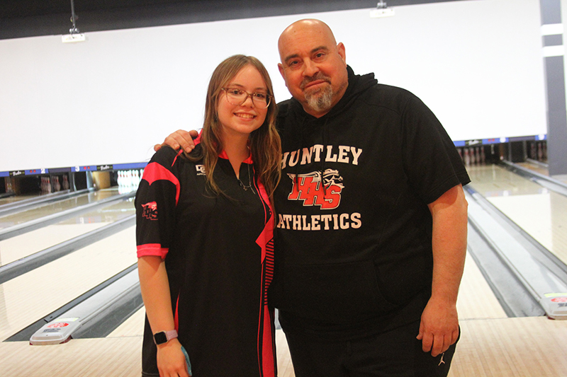 Huntley bowler Erica DeBello, left with dad and coach Eric DeBello.