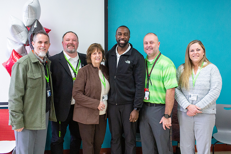 (Left to Right): Dr. Jeffry Prickett, IPA Kishwaukee Region Director and McHenry High School District 156 Principal, Dr. Brett Bending, IPA Kishwaukee Region Secretary and Cambridge Lakes Charter School Principal, Kim Zinman, IPA Field Service Specialist, Dr. Marcus Belin, HHS Principal, Tom Kempf, IPA Kishwaukee Region Awards Chair and HHS Assistant Principal, and Christy St. Germain, Horace Mann Business Development Specialist.