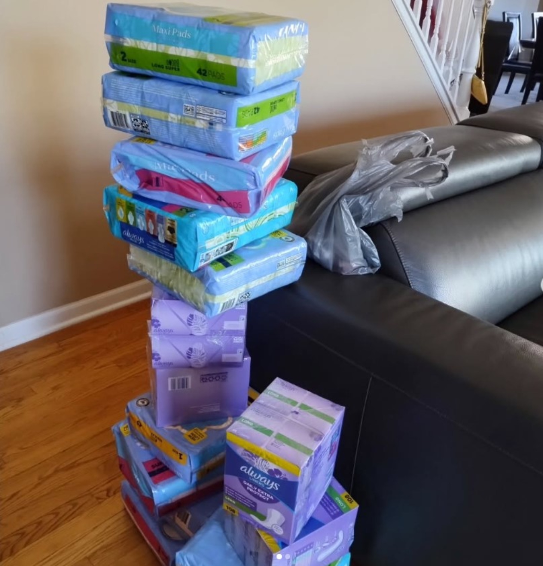 Some of the period hygiene products collected by three Huntley High School students hoping to bring awareness to menstrual inequality and period poverty